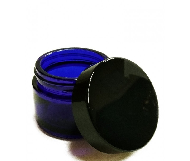 Tarro de Vidrio Azul con Tapa Negra 50ml